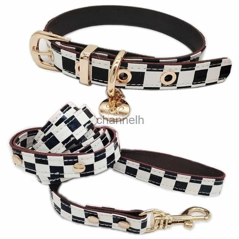 犬の襟の綱は黒い白い格子縞の犬の首輪とリーシュソフトデザイナー犬のプーダイチワワのポメラニアンヨークシャーアウトドアウォークB77 240302