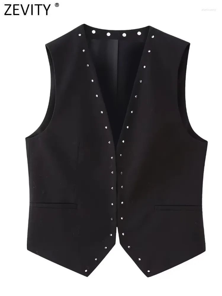 سترات النساء Zevity 2024 Women Fashion v Devel Design Rivet Design Slim Vest Jacket Ladyless Opperations Casual Business Tops CT5691