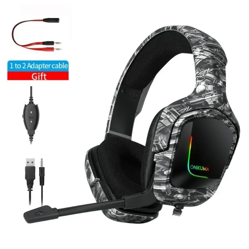 Headphone/Headset Onikuma K20 Gaming Headset RGB Wired Headphones With Mic Over Ear Stereo fone gamer Earphones For PS5 casque PS4 Xbox One Games