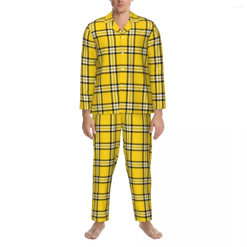 Men's Sleepwear Yellow Plaid Pajamas Male Black Lines Print Lovely Sleep Nightwear Autumn Two Piece Aesthetic Oversize Custom Set