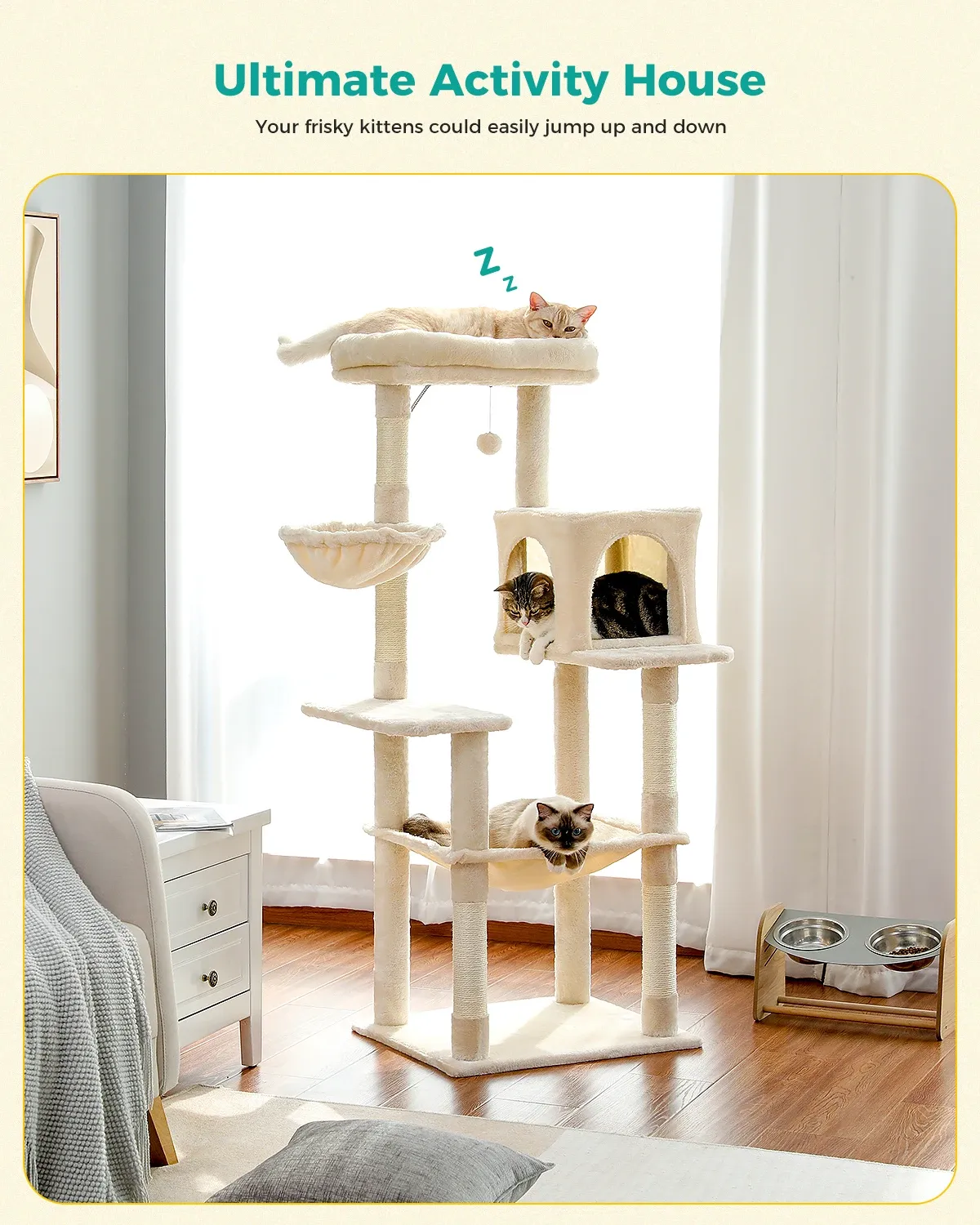 Arbre à chat à gratter, tour à chat en peluche, maison de jeu à plusieurs niveaux avec poteaux à gratter en sisal, hamac spacieux et mise à niveau de grands condos