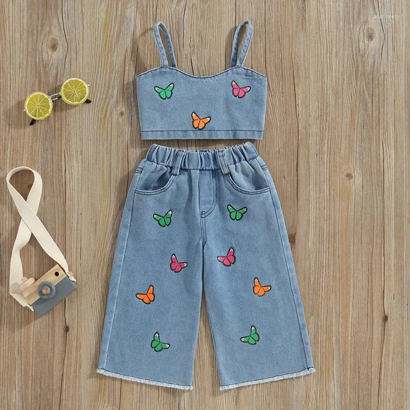 Set di abbigliamento 1-6 anni Set di vestiti estivi per ragazze per bambini Set di farfalle per bambini Stampa senza maniche Camis in denim Top Jeans lunghi Pantaloni moda per bambini Abiti