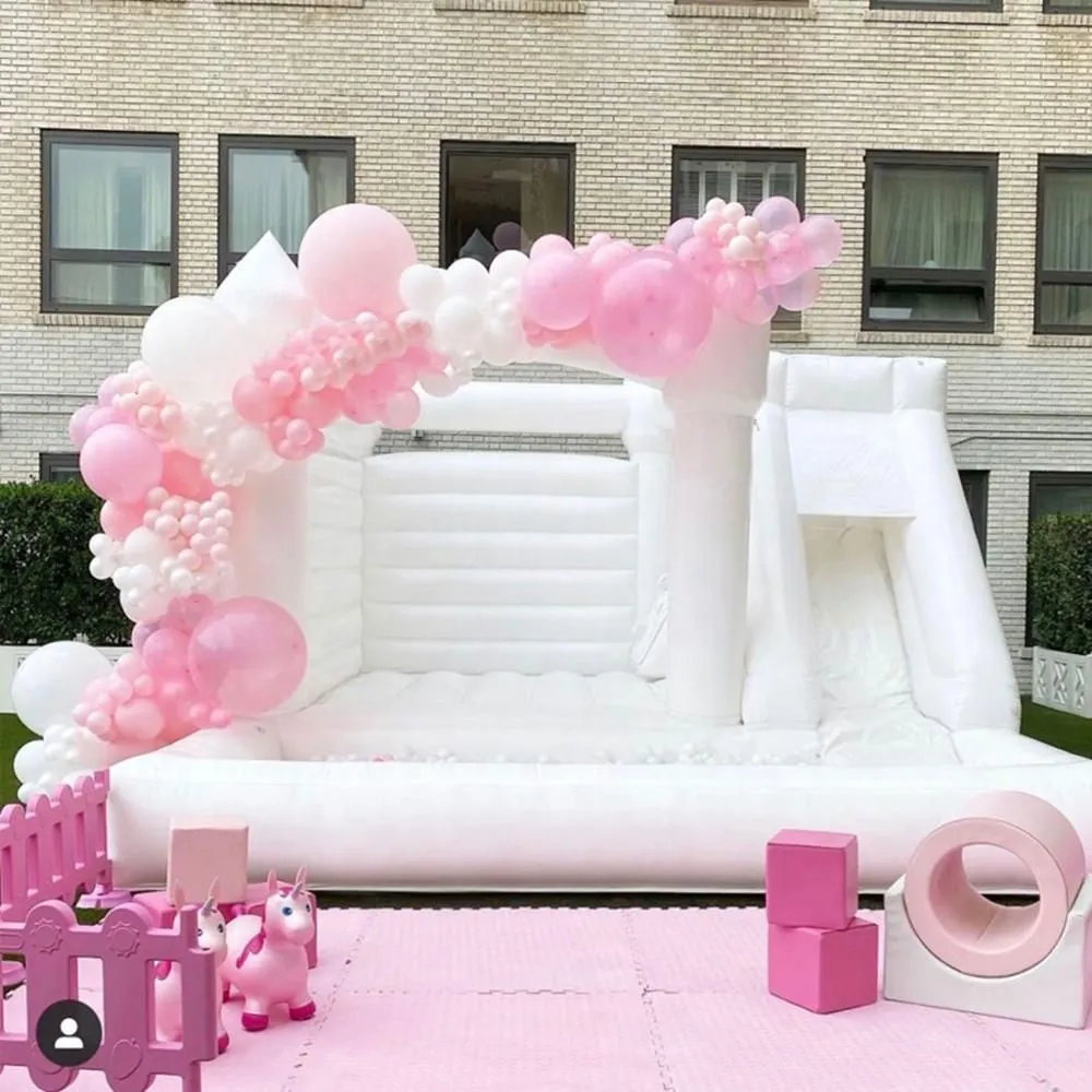 Château gonflable de mariage à rebond blanc, avec toboggan et fosse à balles, lit de saut, château gonflable, maison de videur rose, moonwalk pour jouets amusants