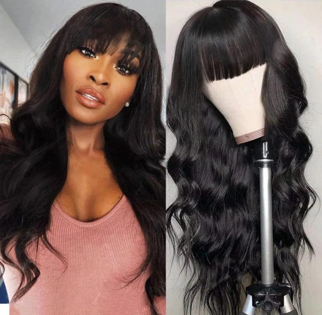 Long Black Body Wave Wigs With Full Bangs Virgin Brazilian None Lace Wig 150 Density Glueless Machine Made Fashion Black Women 2274356924