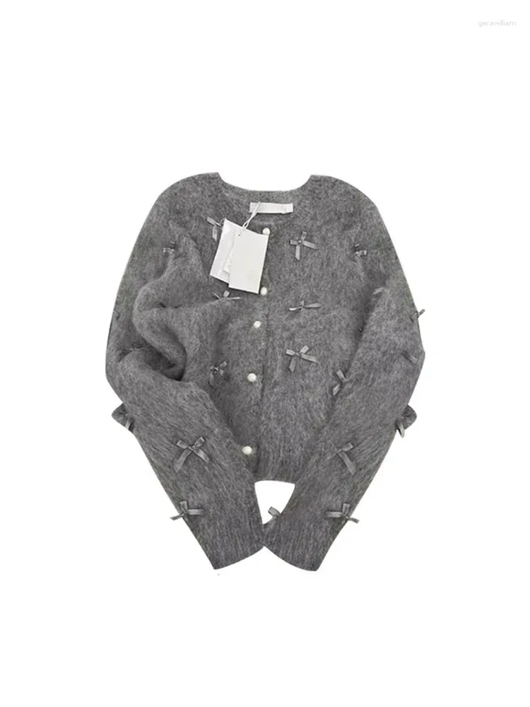 Tricots pour femmes Français Kawaii Bow Cardigan tricoté Femmes Harajuku Hip Hop Surdimensionné Jumper O-Cou Manches Longues Pull Gris Coréen Y2K