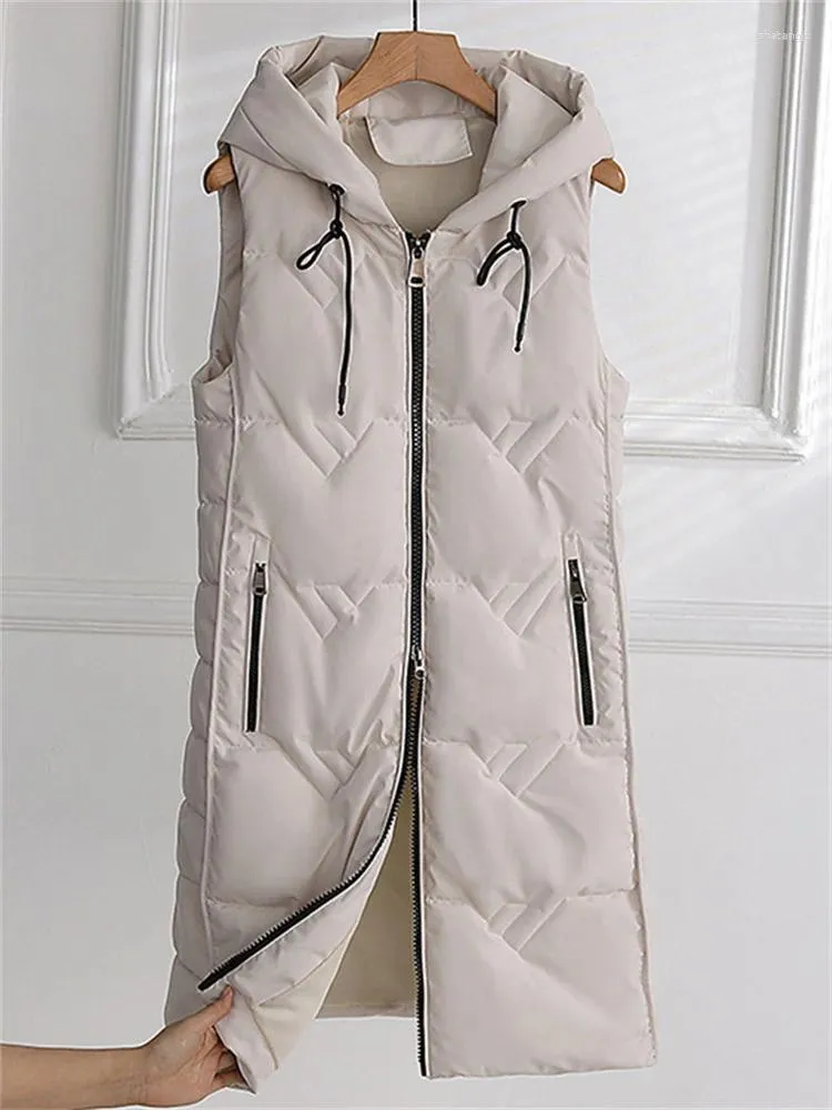 Gilets pour femmes Femmes coton gilet femmes 2024 automne hiver mode longue mince sans manches manteau à capuche épais chaleur fermeture éclair poches gilet Feminina