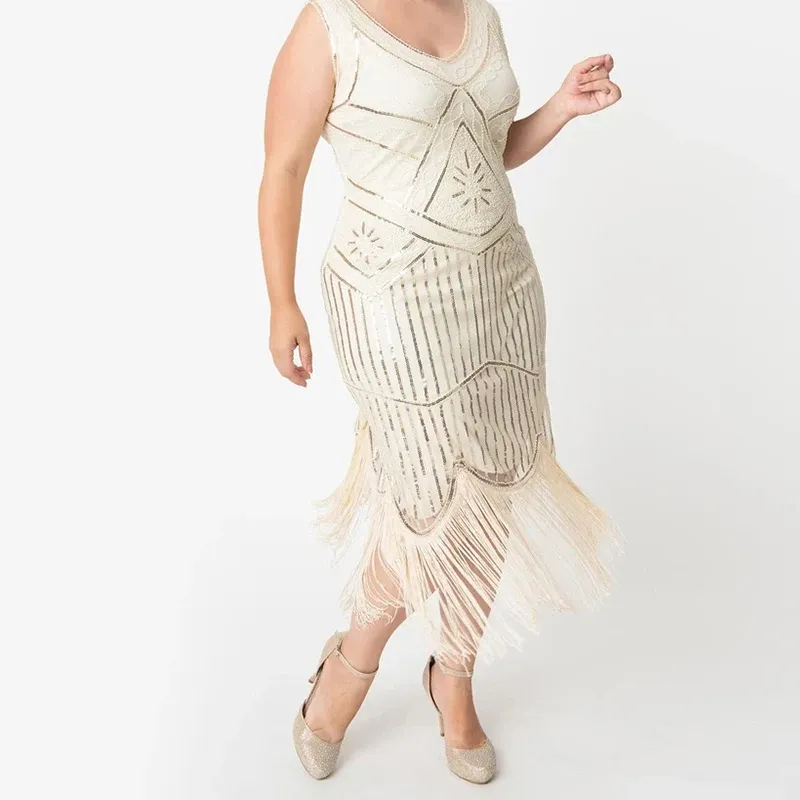 Dress Plus Size 1920s Art Deco Long Fringed Sequin Beads Roaring 20s Flapper Gatsby Party Costume Vintage Dress for Women