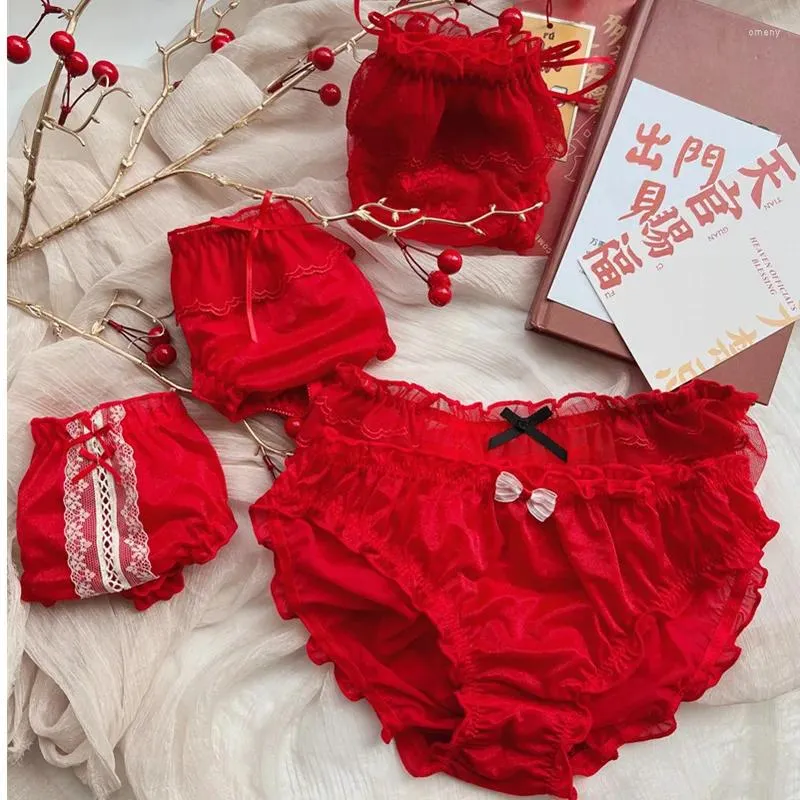 Mutandine da donna Fiocco rosso Prospettiva del punto d'onda Intimo da donna Sexy Pizzo a vita media Ragazza Lolita Edge Loli Mini