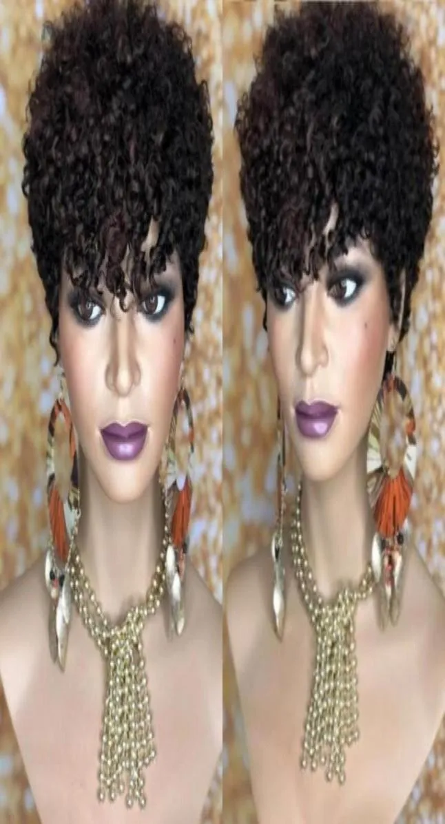 Curto kinky encaracolado peruca natural cor preta brasileiro cabelo humano remy bob perucas para mulheres americanas 150 densidade daily35776348944793