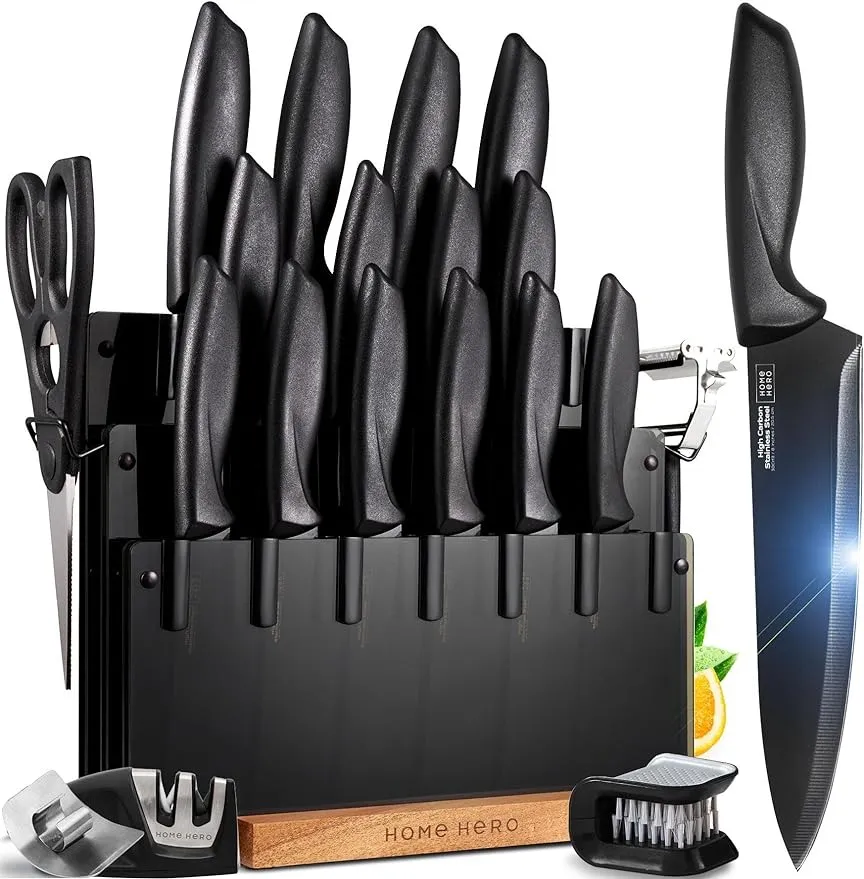 Home Hero 20 Pcs Kitchen Knife Set with Sharpener - High Carbon Stainless Steel Knife Block Set with Ergonomic Handles