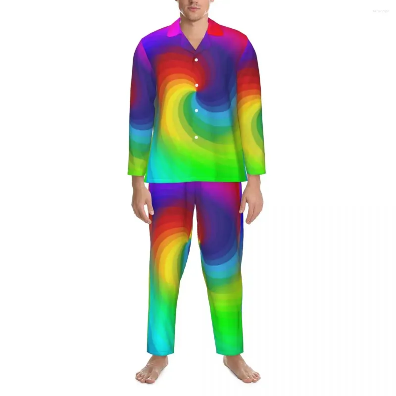 Nachtkleding voor heren Kleurrijke tie-dye pyjama Heren Rainbow Swirl Art Mooi Vrije tijd Herfst Tweedelige Esthetische Oversized Design Pyjamasets