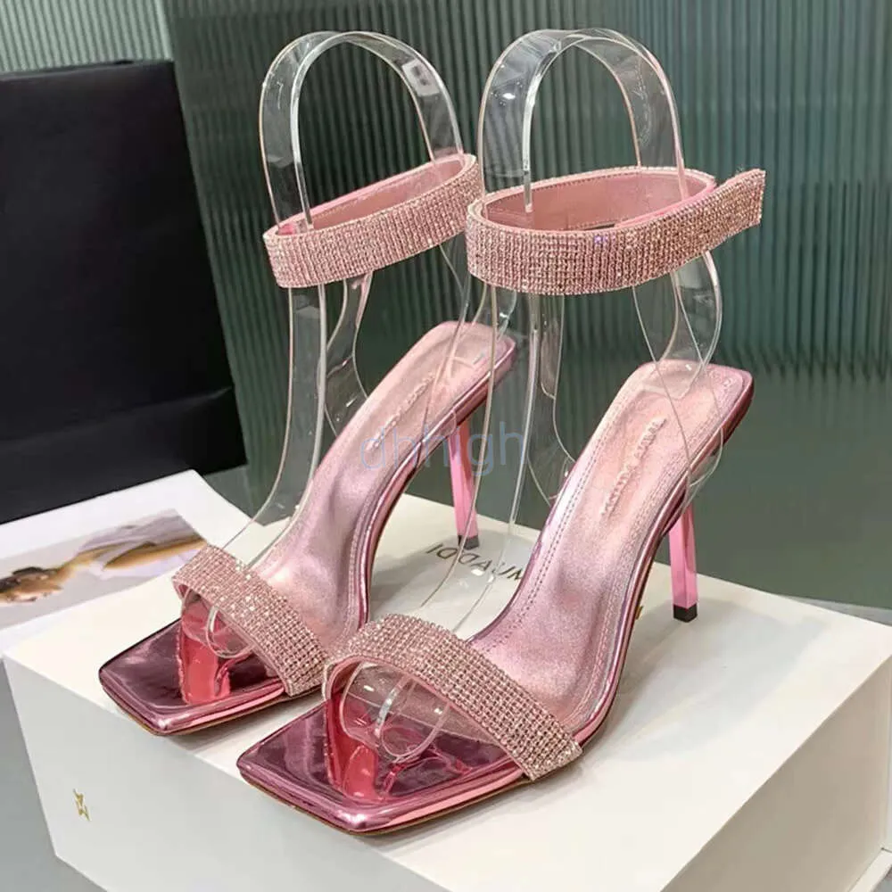 Amina Muaddi Rih Sandalias para mujer Punta cuadrada Tacón de aguja Fiesta Dama de honor Zapatos de noche de boda 11 cm PVC con incrustaciones de cristal Zapatilla Zapatos de diseñador de lujo con caja