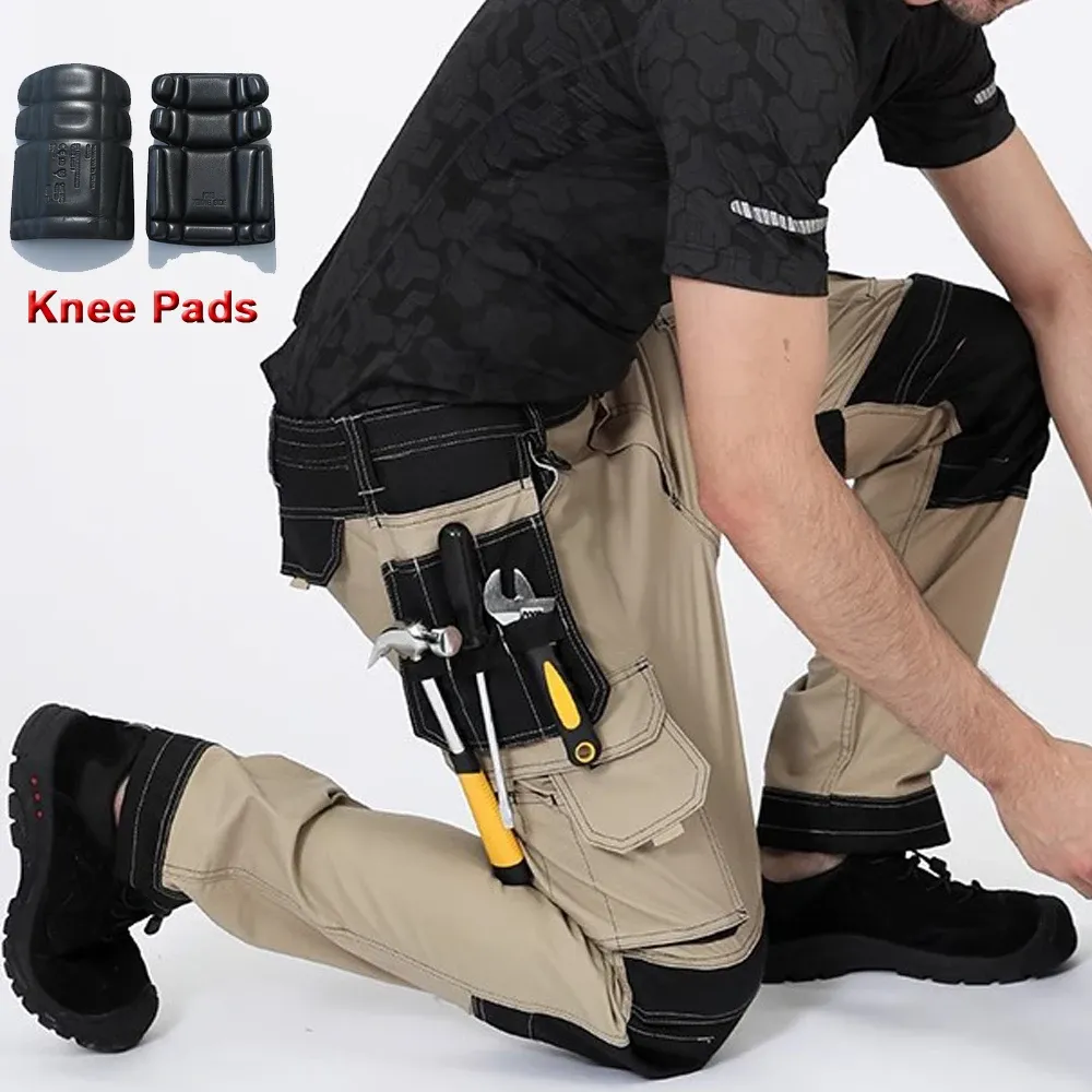 Pants Multipocket Cargo Pants Men Multifunctional Work Trousers Workwear with Reflective Tapes Oxford Knee Pad Service Wear Resistant