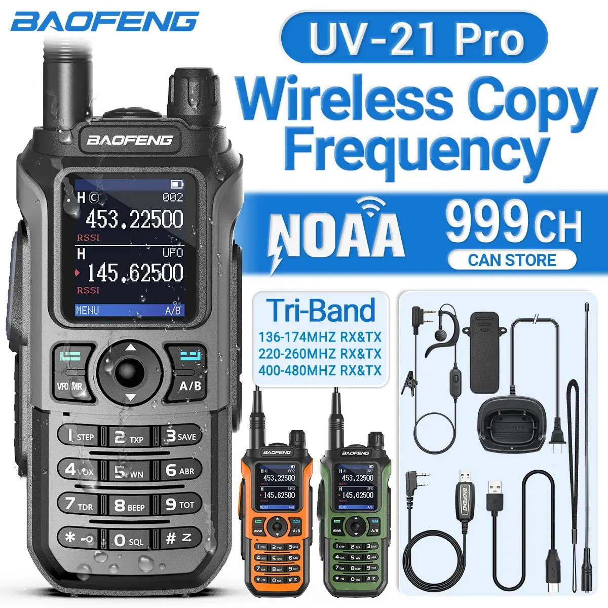 Baofeng UV21 Pro Wireless Copy Frequency Triband 999CH WATROUF WAKIE TALKIE TYPE C 16 km Long Range UV5R 17 Harm Radio 240229