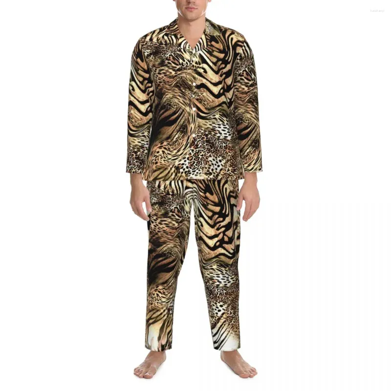 Mäns sömnkläder tiger tryck pyjama set leopard djur hud bekväm man lång ärms avslappnad natt 2 bitar hem kostym stor storlek