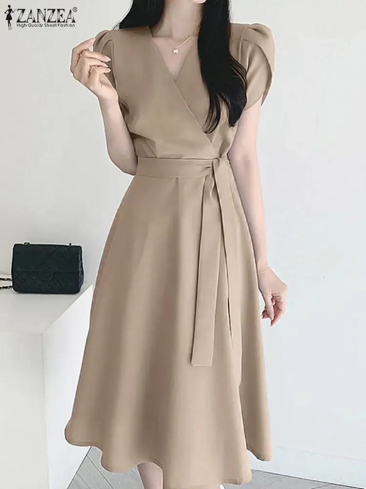 Dress ZANZEA Women Summer Sundress 2023 Fashion OL Work Midcalf Vestido Robe Femme Kaftan Elegant V Neck Short Sleeve Party Dress