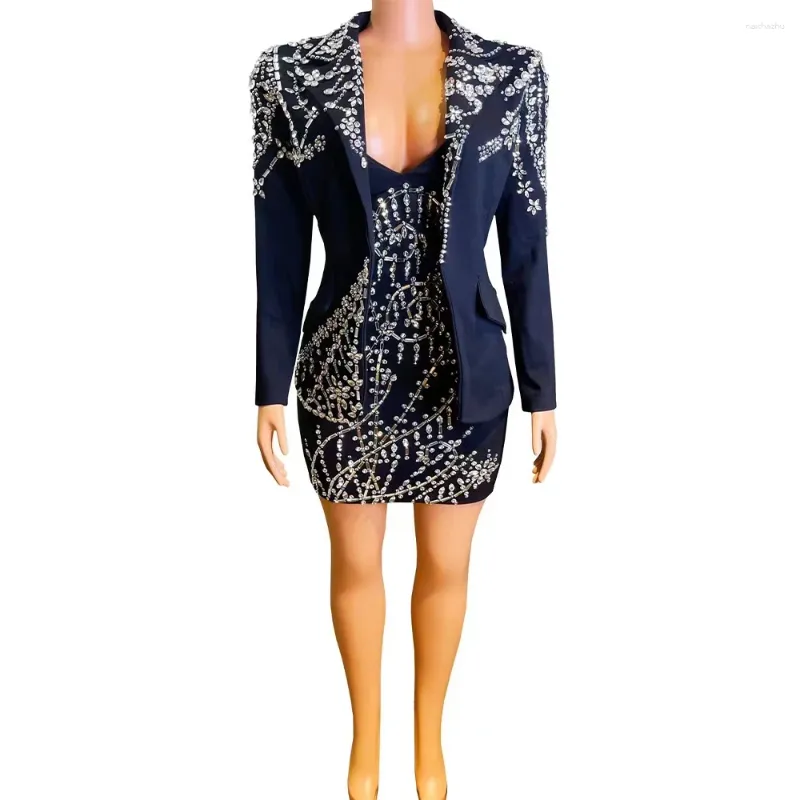 Stage Wear Sexy Silver Crystals Black Jacket Short Dress Evening Dance Blazer Outfit Set Birthday Celebrate Party Performance Costume