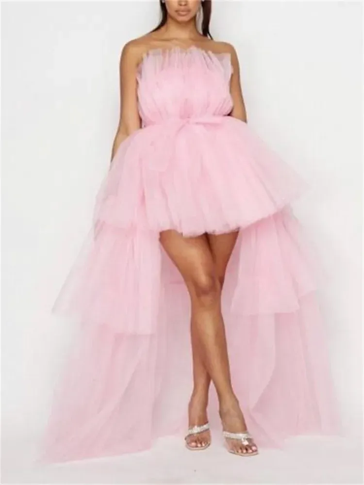 Dress 2022 Strapless Off Shoulder High Waist Asymmetrical Hem Tulle Dresses Mesh Sheer Elegant Women Formal Ball Gown Dress