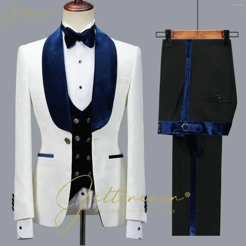 Men's Suits Men For Wedding White Floral Party Tuxedos 2024 Latest Designs 3 Pieces Navy Blue Velvet Lapel Vest Groom Groomsmen