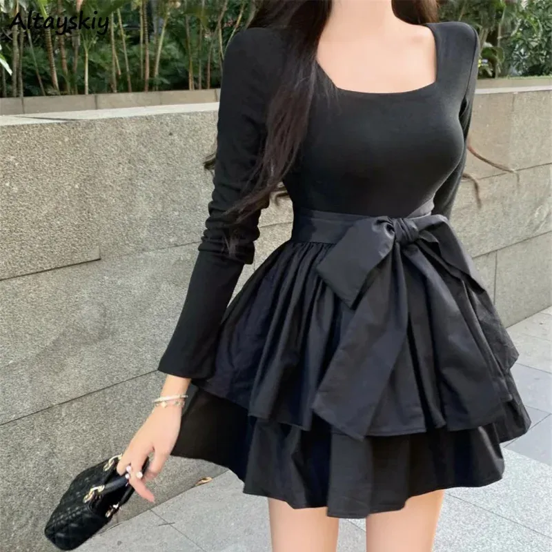 Dress Long Sleeve Dress Women Autumn Ball Gown Elegant Slim Square Collar Sexy Hotsweet Korean Style Mini Bow Black High Waist Fashion