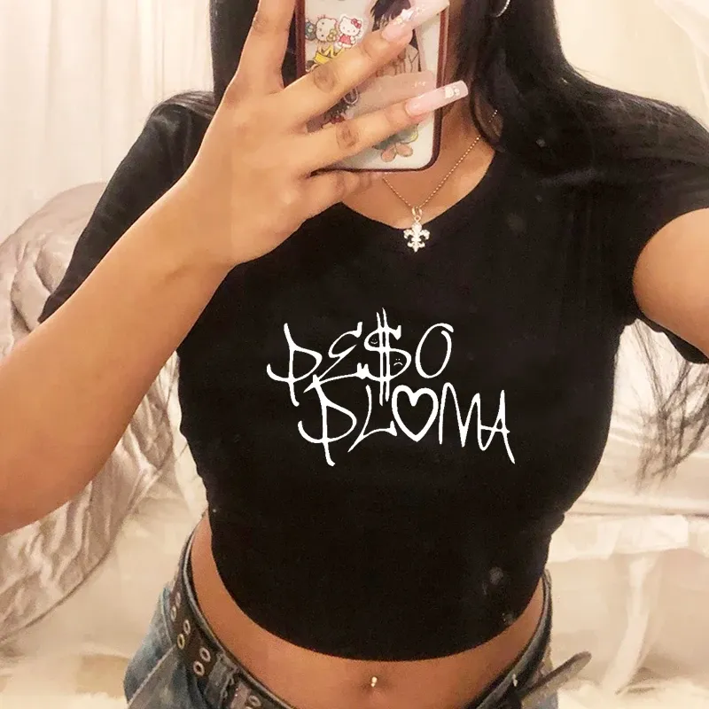 Magliette Peso Pluma Donna Crop Top Camicia ispirata al cantante Street Rapper Magliette Hop Hip Baby Tee Fans Regali Maniche corte Magliette estetiche