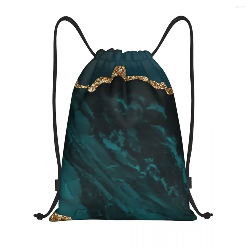 Sacs à provisions Teal et Gold Agate Texture Cordon Sac à dos Femmes Hommes Gym Sport Sackpack Portable Motifs géométriques Sac Sack