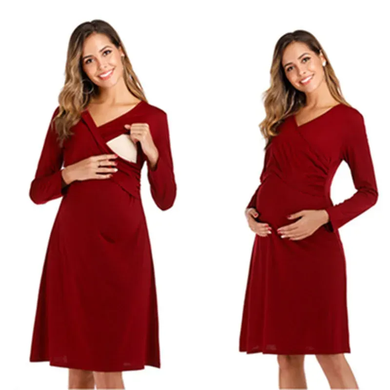 Dresses Maternity Dress Nursing Nightgown for Breastfeeding Solid Color Long Sleeve VNeck Dress Clothes for Pregnant Women Homewear