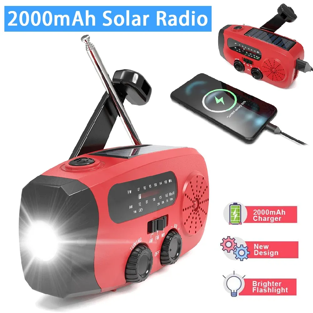 Radio Solar Hand Crank Radio FM AM WB Väder Radios 2000mah USB laddar utomhus Emergency LED -ficklampan Power Ban