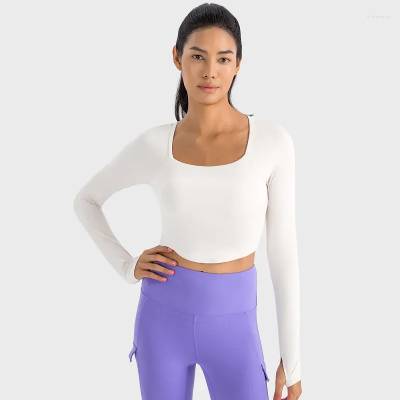Camicie attive Yoga imbottita Manica lunga Foro per il pollice Crop Top Collo quadrato Maglia da allenamento posteriore Reggiseno integrato Abbigliamento da palestra per le donne