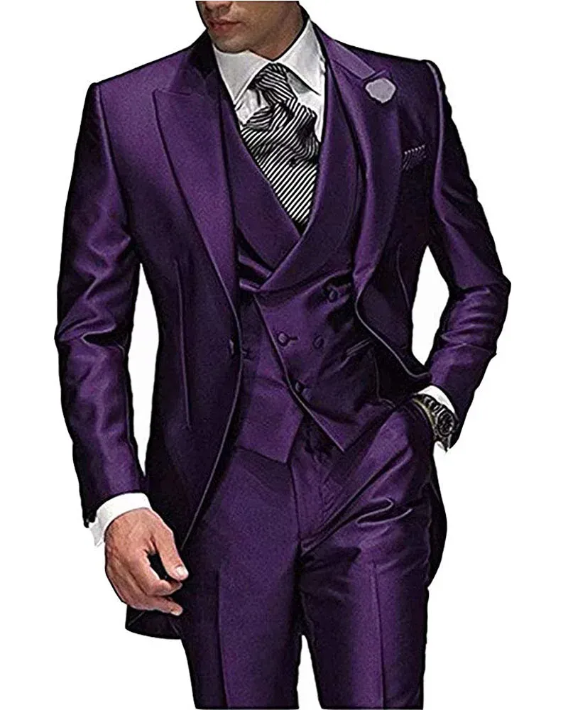 Ternos masculinos roxos, jaqueta, colete, calças, ternos para casamento, lapela de pico, feitos sob medida, roupa de festa, ternos masculinos, blazer, smoking