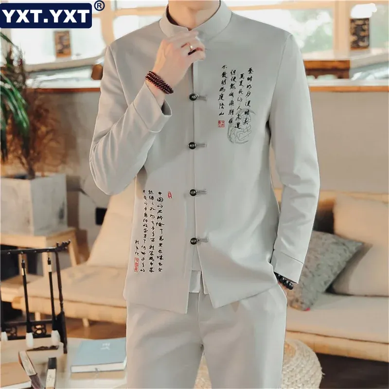 スーツエレガントな男性スーツ2023新しいカジュアルブティックスタンドアップカラー中国スタイルの亜麻ドレスブレザージャケットパンツ2ピースセット