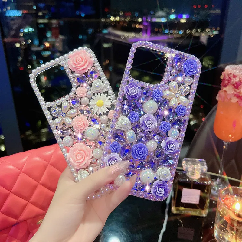 Coque de téléphone de luxe en strass, perle, Rose violette, fleur, pour iPhone11 12 13 14 15 mini/plus/pro/pro max