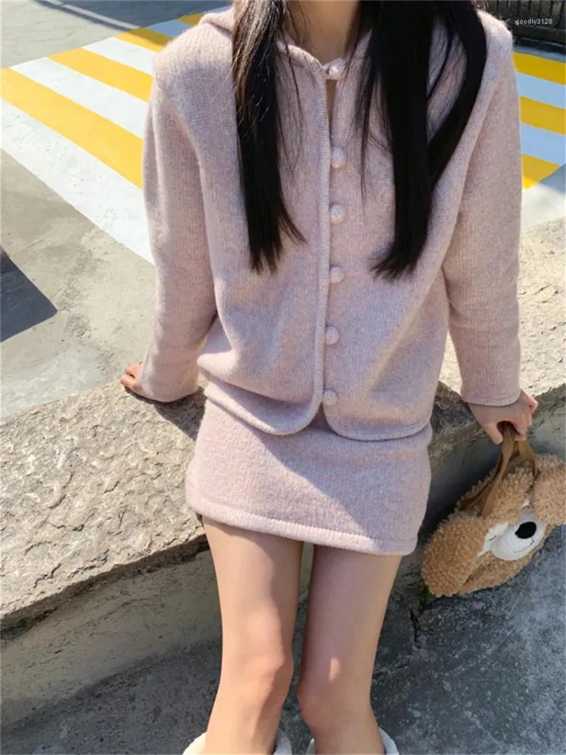 Work Dresses Alien Kitty Pink Elegant Knitwear Hooded Sweaters Women Chic Daily Spring 2024 Office Lady High Waist Slim Mini Skirts Suits