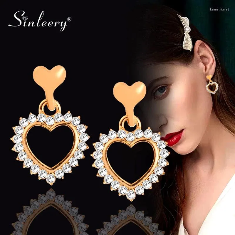 Dingle örhängen Sinleery Lovely Hollow Heart for Women Gold Silver Color Crystal Drop Fashion Jewelry ES745
