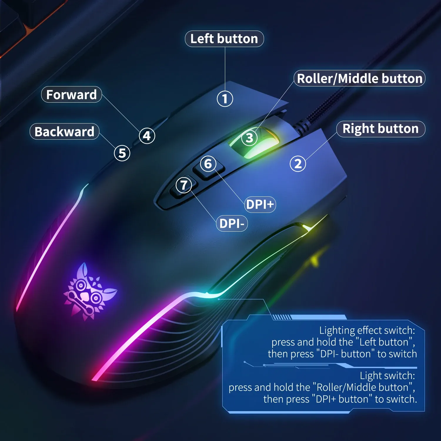 Muizen ONIKUMA RGB-gamingmuis 7 programmeerknoppen 6 niveaus Aanpassen 6400 DPI met dynamische verlichting Ergonomische muizen voor laptop PC Gamer