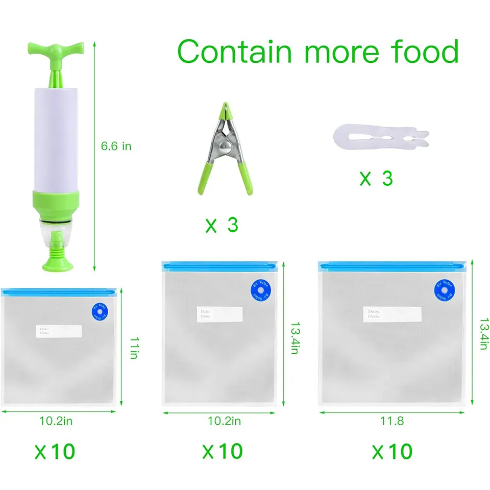 Sacos Sous Vide reutilizáveis de 3 tamanhos - pacote de 37 com bomba manual, clipes de vedação para cozimento Sous Vide e armazenamento de alimentos