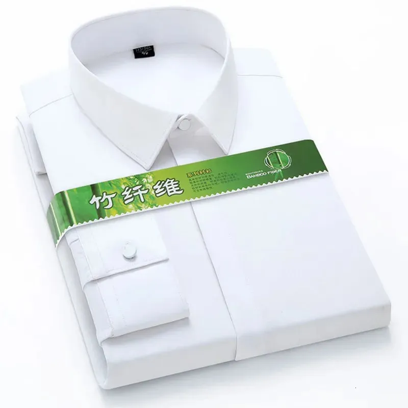 S-6XL dold knapp Bambufiber Luxury Mens Long Sleeve Social Shirts Slim Fit Elastic Anti-Wrinkle Formal Elegant Shirt 240228