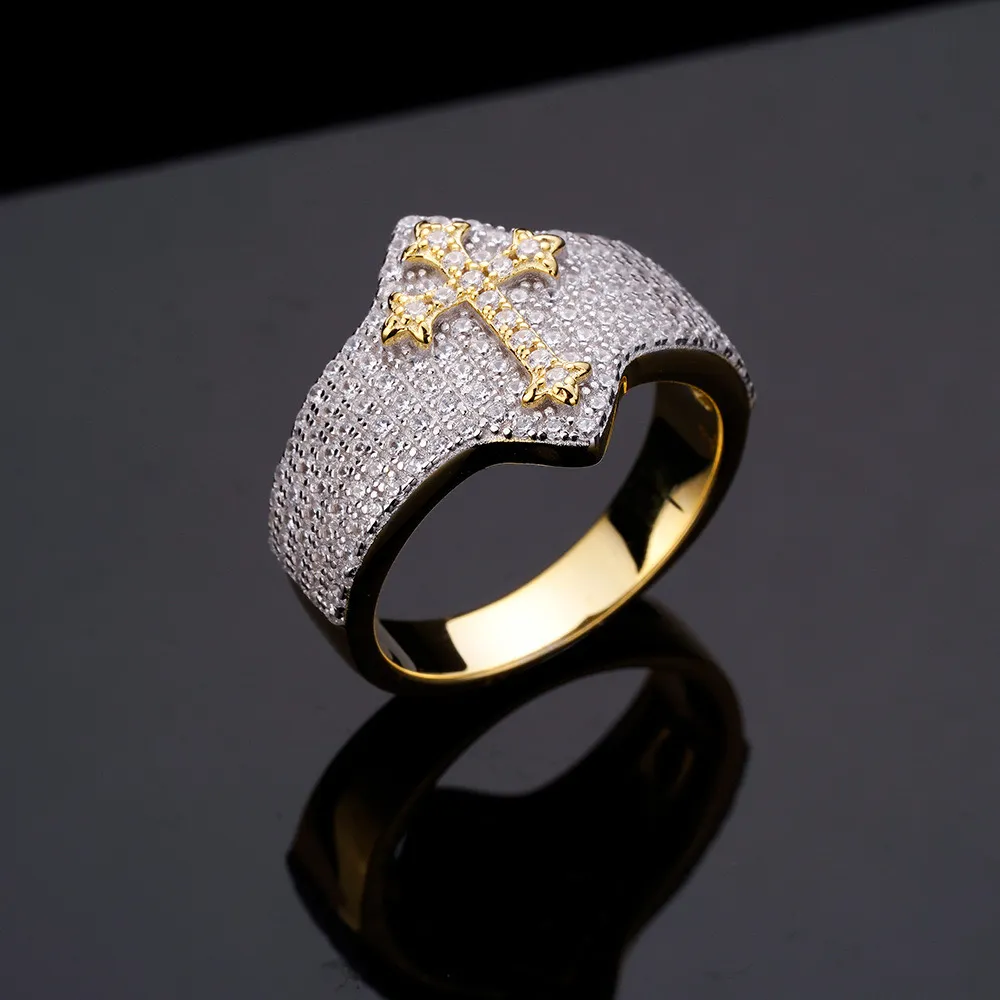 Men S925 silver ring micro Diamond zircon cross ring prism high-grade zircon