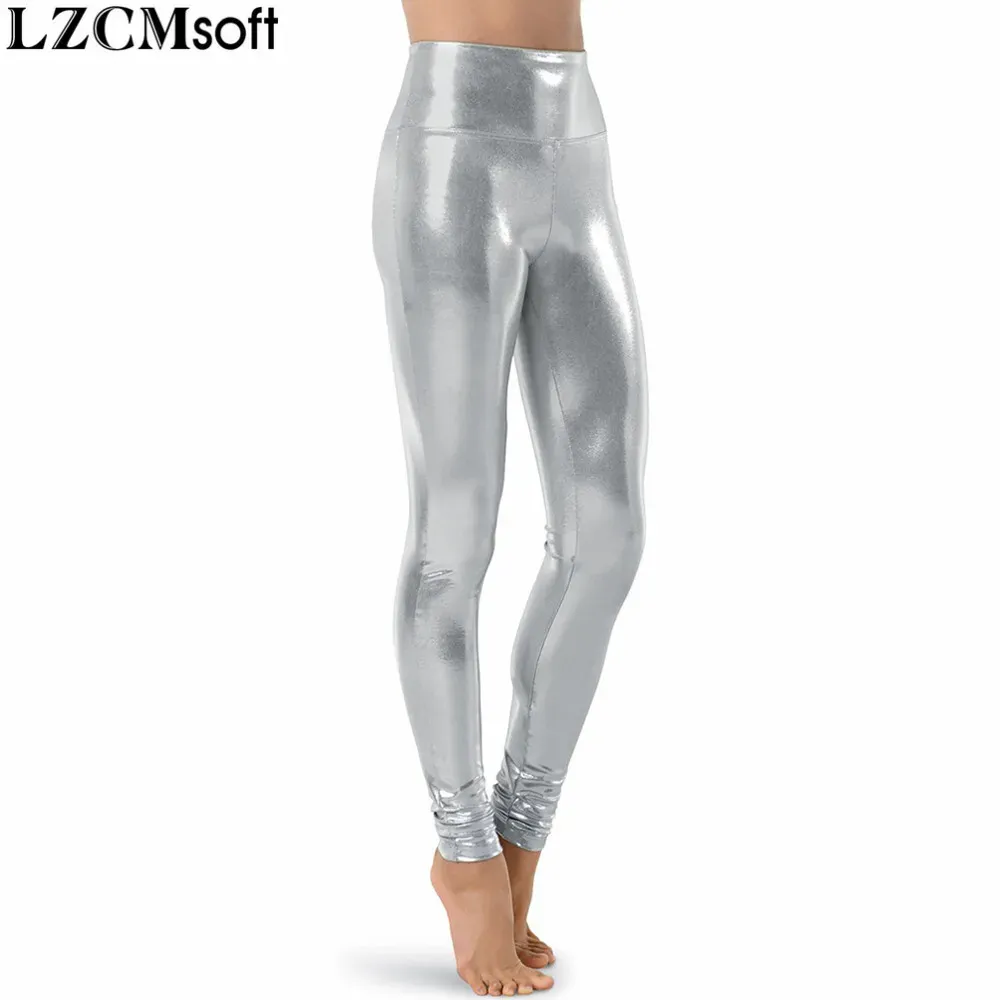 Capris lzcmsoft silver kvinnor glänsande metalliska dans leggings hög midja i full längd byxor lycra hud blyertsbyxor scenprestanda