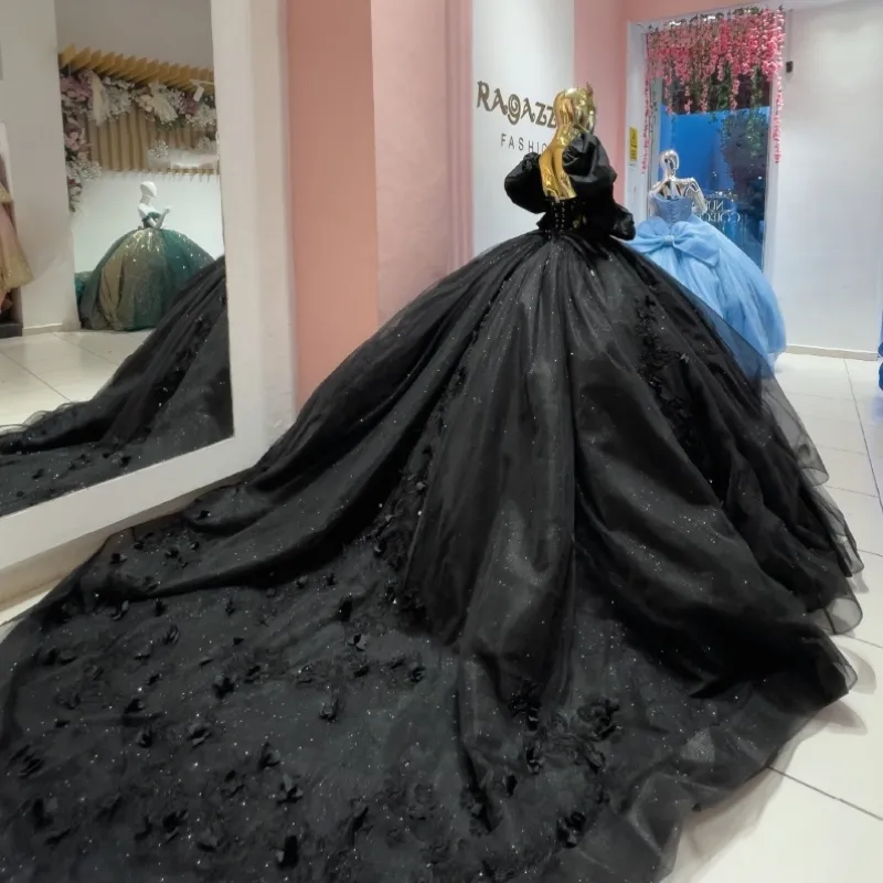 Preto princesa quinceanera vestidos 2024 3dflower apliques rendas espartilho fora do ombro puff manga vestidos de 15 anos baile dres