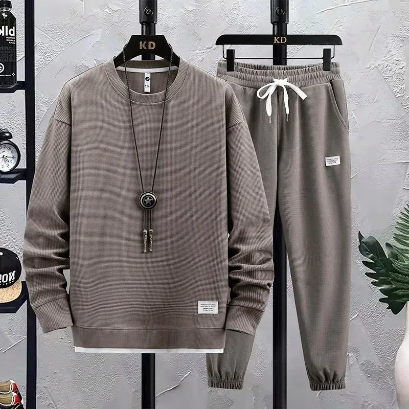 2024 Spring Autumn Mens Two Piece Set Linen Fabric Casual Sweatshirt and Sweatpants Sports Suit Fashion Tracksude 240219