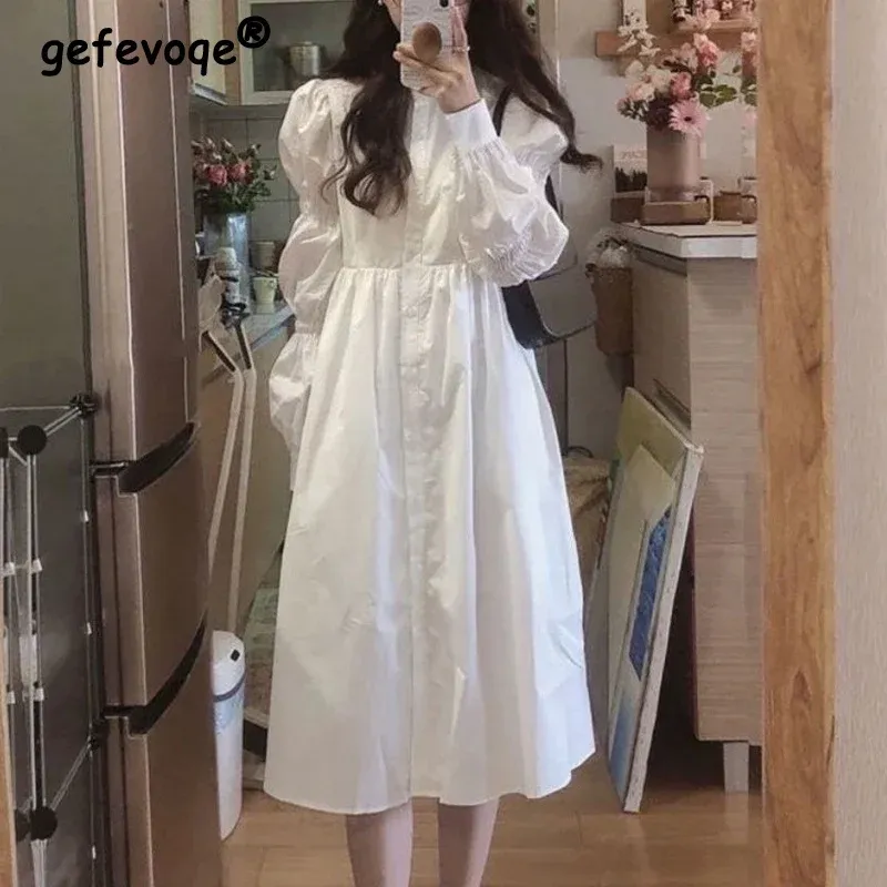 Dress Vintage Ruched Japanese Harajuku Sweet White Midi Dress Women Spring Autumn Casual Long Sleeve Button Shirt Preppy Style Dresses