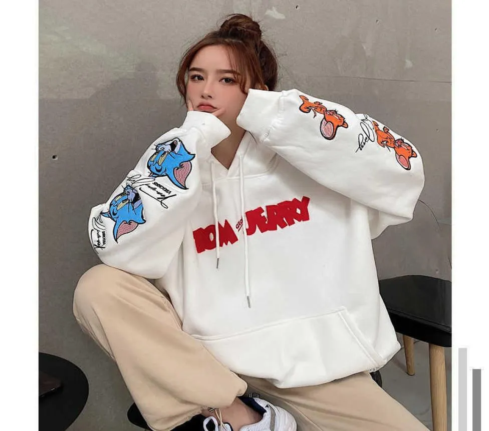 Kawaii surdimensionné sweats à capuche pour femmes Harajuku 2021 hauts nouveau décontracté Streetwear lettre dessin animé impression sweat Tom Jerry Q09011598010