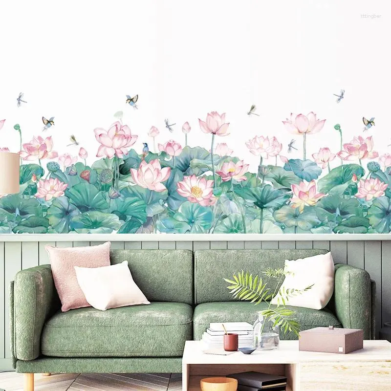 Wall Stickers Chinese Style Green Plant Pink Lotus Flowers Living Room Bedroom Background Fresh Leaves Border Decoration Decals