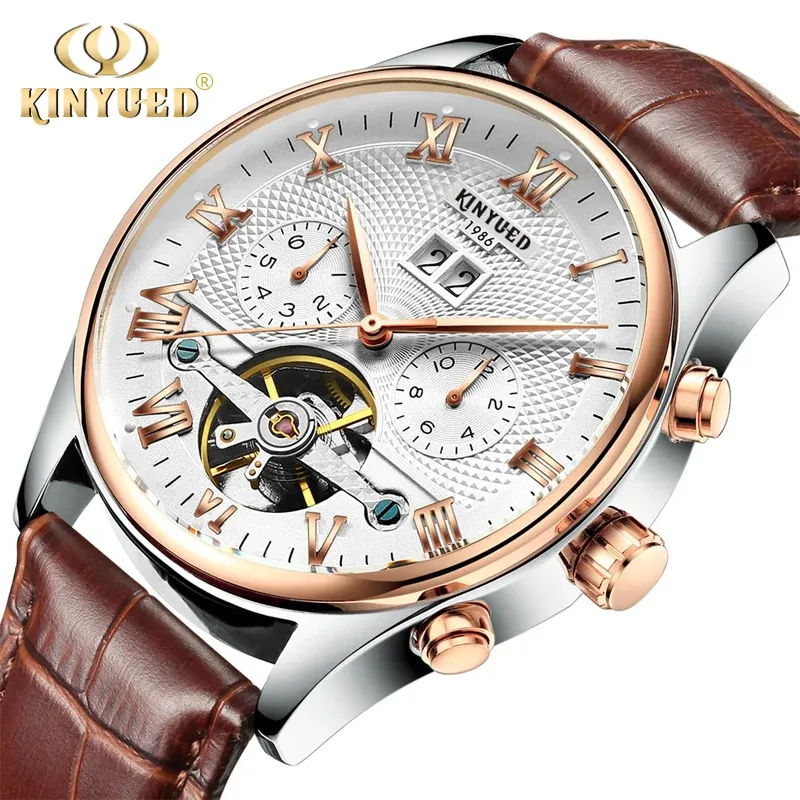 Kits Kinyed Skeleton Tourbillon Watch Mechanical Watch Men Classic Classic Rose Gold couro de ouro mecânica Rellow Relloj Hombre 2020