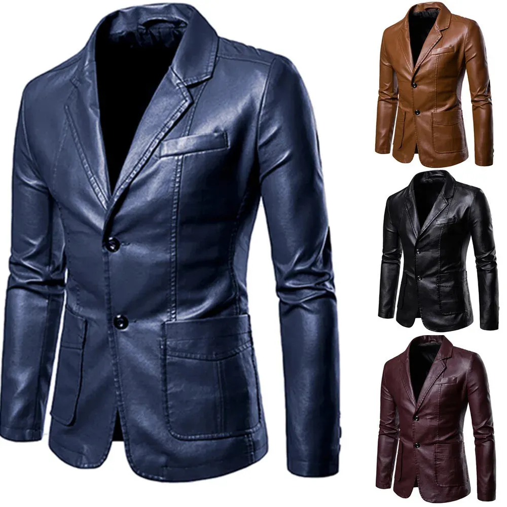 Кожаный пиджак для мужчин, весенне-осенняя модная мужская кожаная куртка, платье, костюм, пальто, мужской деловой повседневный черный пиджак из искусственной кожи, куртка 240226