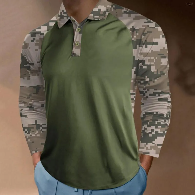 Men's Casual Shirts Blouse Soft Sports Lapel Solid Color Camouflage Printing Raglan Sleeve Top Long T Shirt Tops