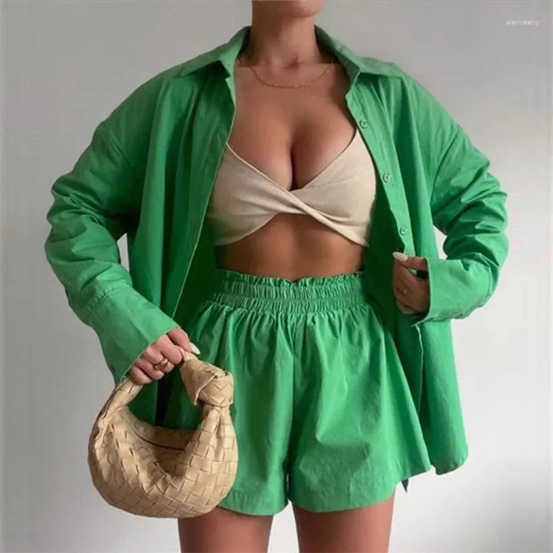 Женские блузки, летние офисные ZA, зеленая рубашка с высокой талией, женские топы с отложным воротником и шорты с длинными рукавами, хлопковые повседневные комплекты из двух предметов