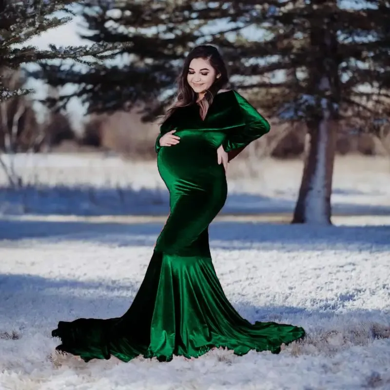 Dresses Maternity Shoulderless Mermaid Dress Gold Velvet Fancy Pregnancy Photography Photo Shoot Pregnant Women Winter Maxi Gown Clothes