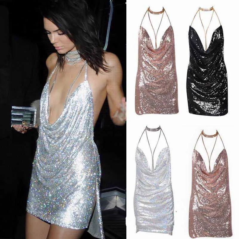 Dresses Cocktail Dresses Sexy Elegant Womens Backless Sequin Dress Ladies Kendall Chain Choker Slip Dress Evening Prom Gowns 240302